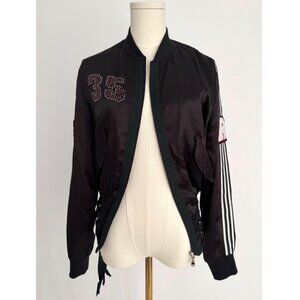 90s vintage black embellished silky sporty zip up bomber jacket XXS made Italy